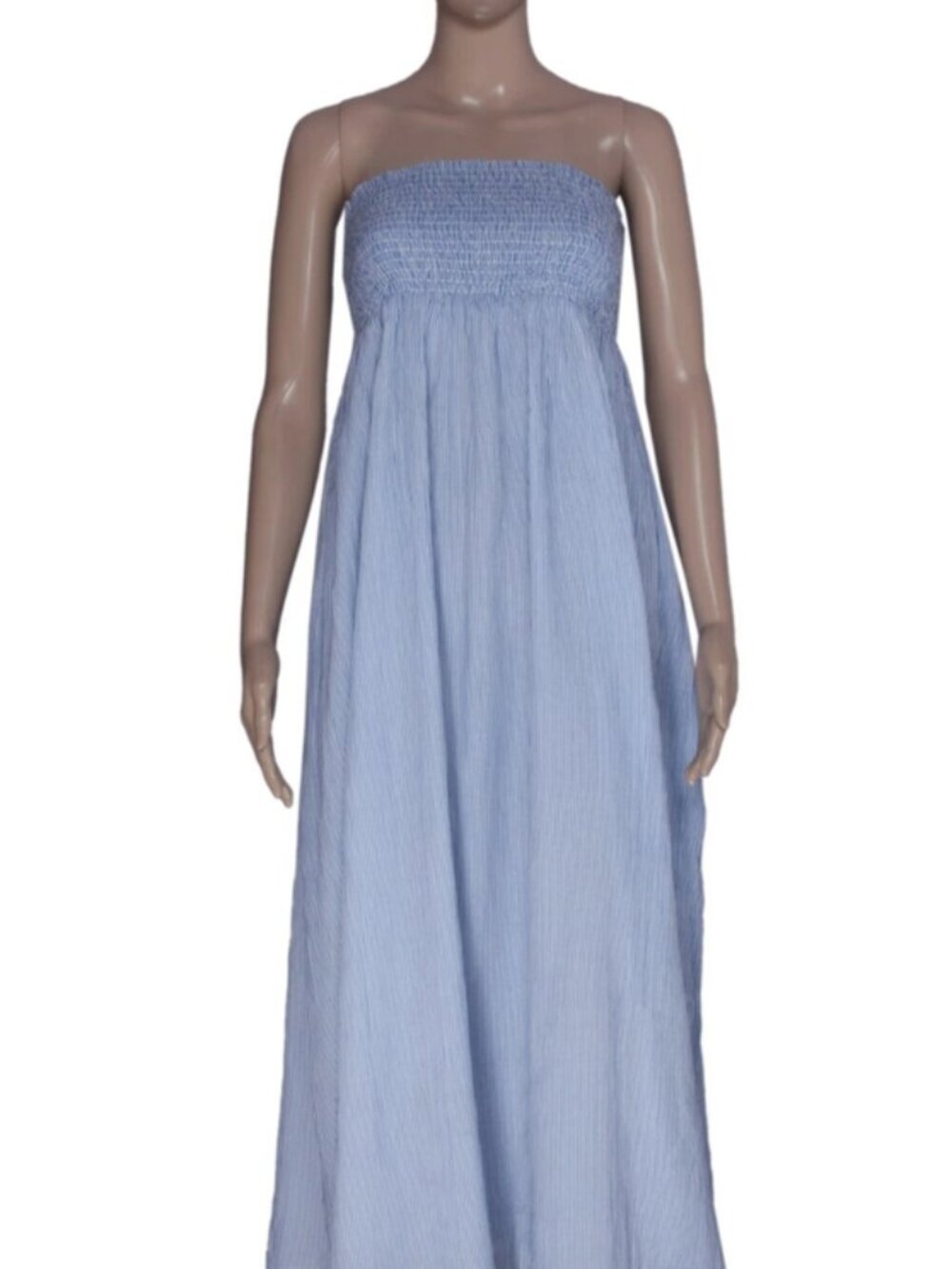 Leon & Harper Reed Striped Printed Smocked Strapless Tube Blue Midi Dress S